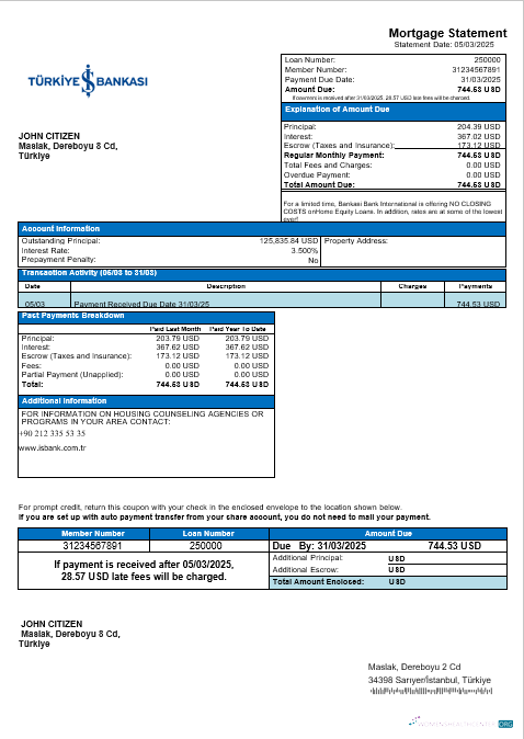 Download Turkey Bankasi bank mortgage statement in Word and PDF formats Photoshop template